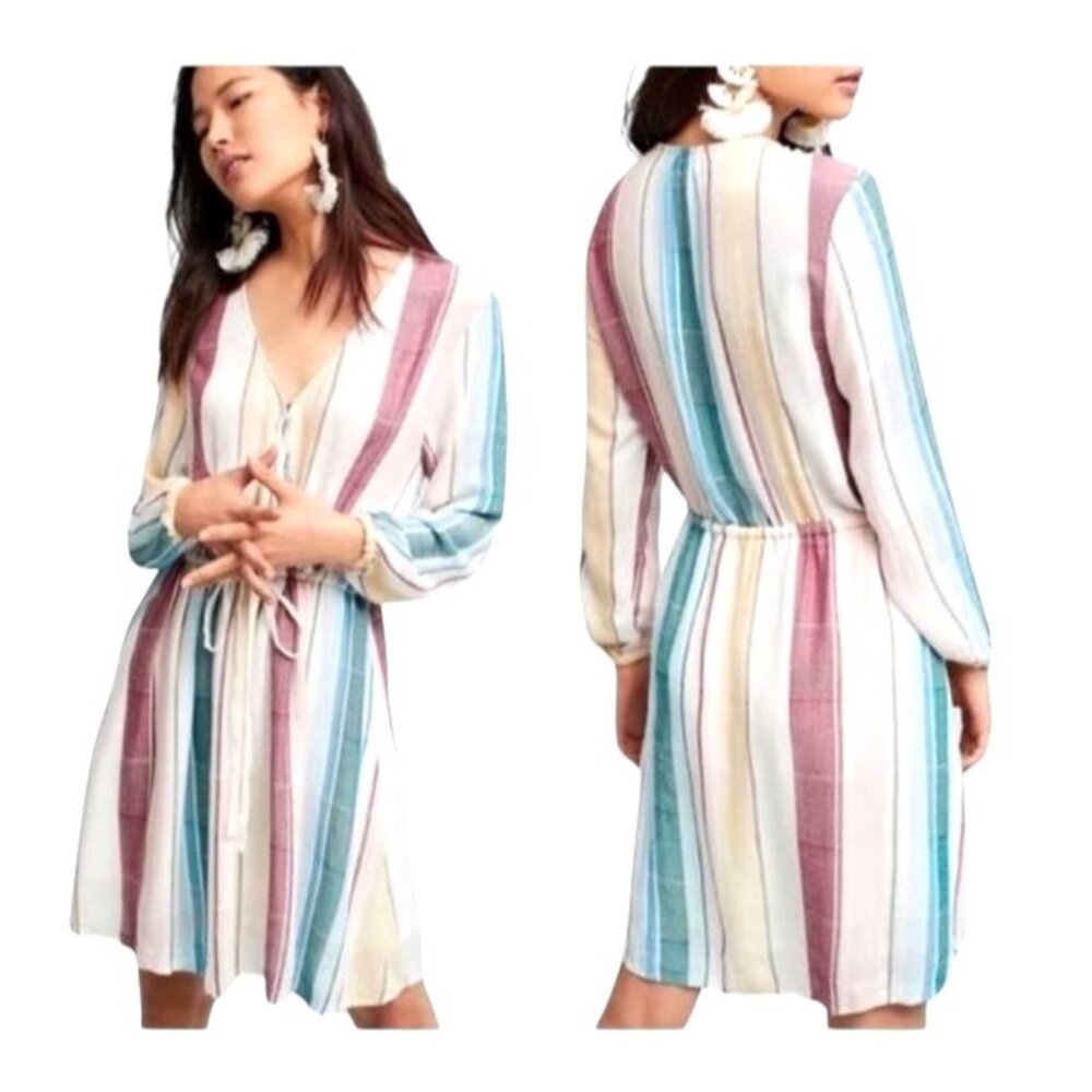 Rails Becca Dress‎ Women XS Cream Cusco Stripe Drawstring Waist Mini Boho Preppy